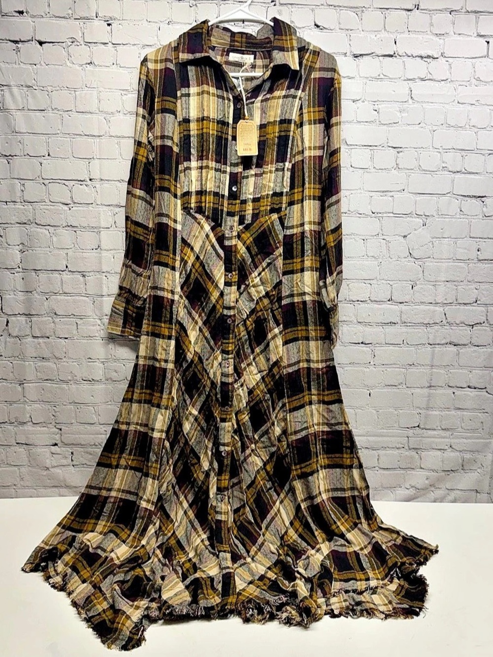 Natural Life Rebecca Plaid Flannel Tiered Maxi Dress Black & Yellow Small NWT